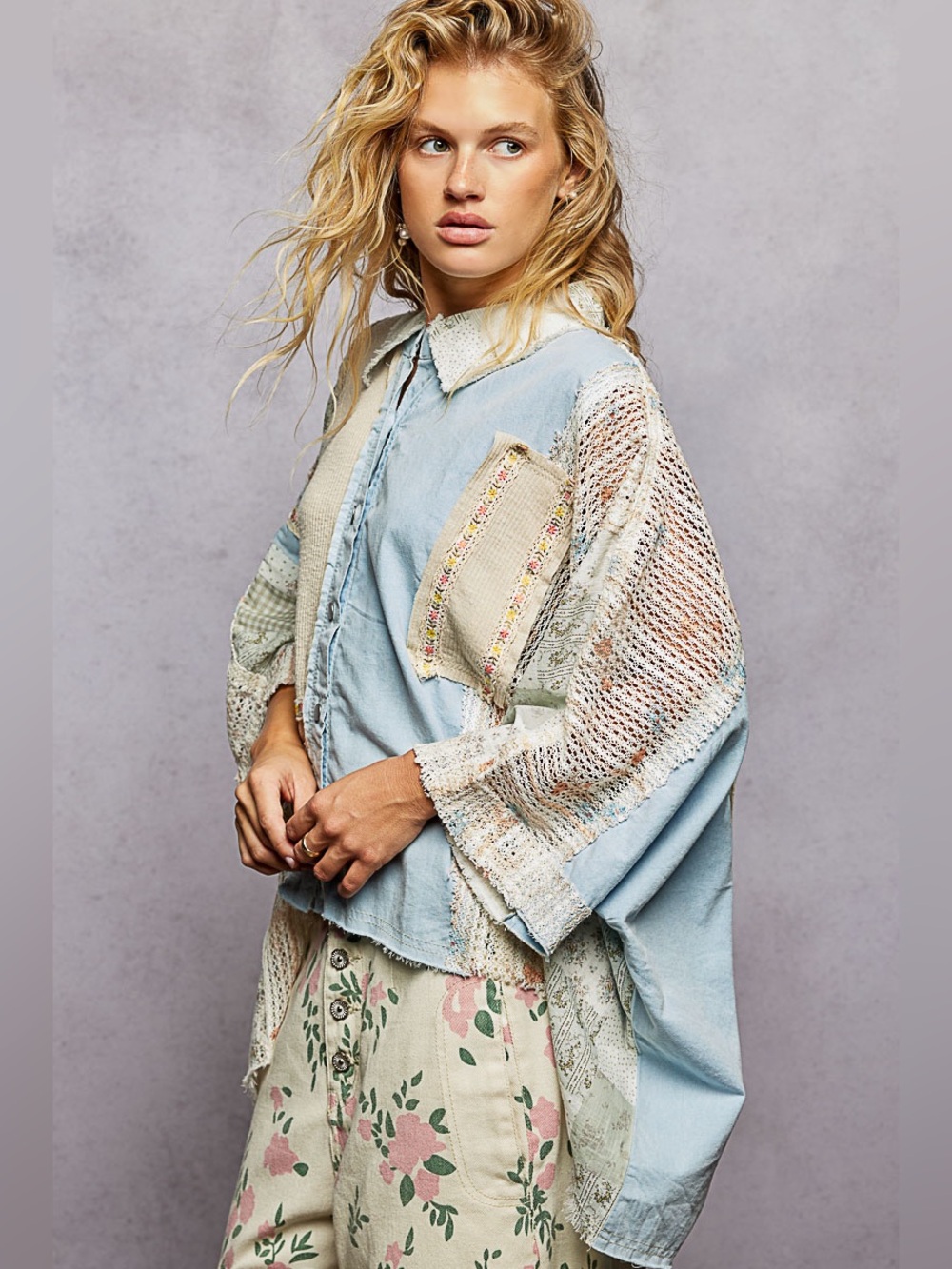 POL “ Topanga Hideaway “ Poncho Cotton Oversized Top | Light Denim - Picture 6 of 8